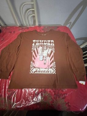 BNWT Fender Guitar Retro Print Shirt Sz L Brown Long Sleeve Graphic Crew Neck